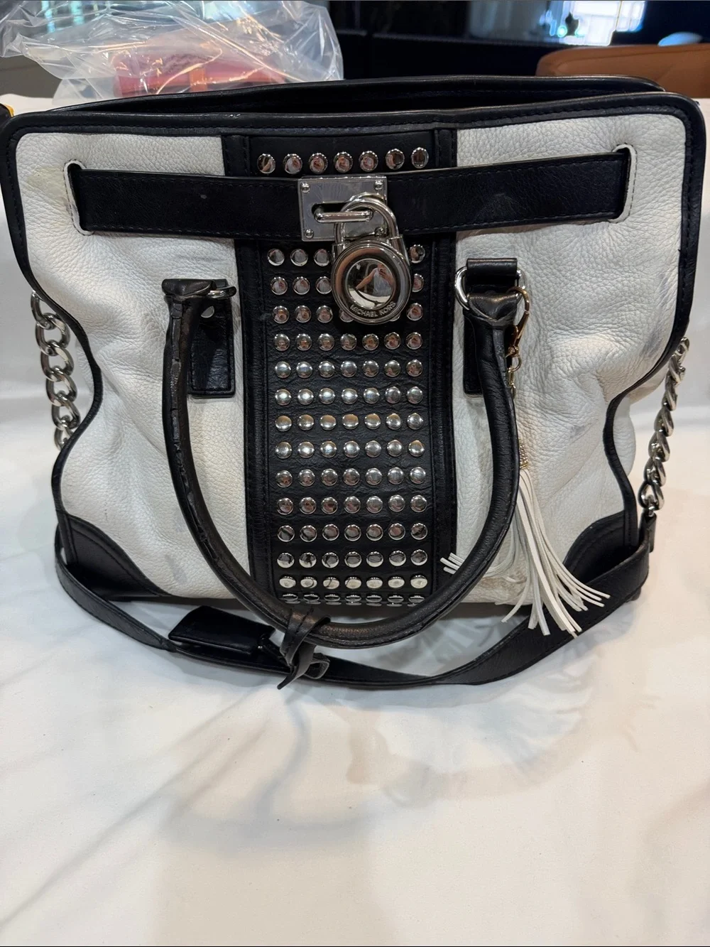 Michael Kors White and Black Studded Tote with Tassel